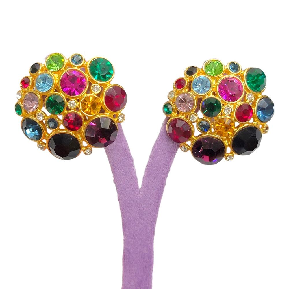 Blanca Vintage Fruit Salad Multi Color Rhinestone Domed Clip On Earrings Gold